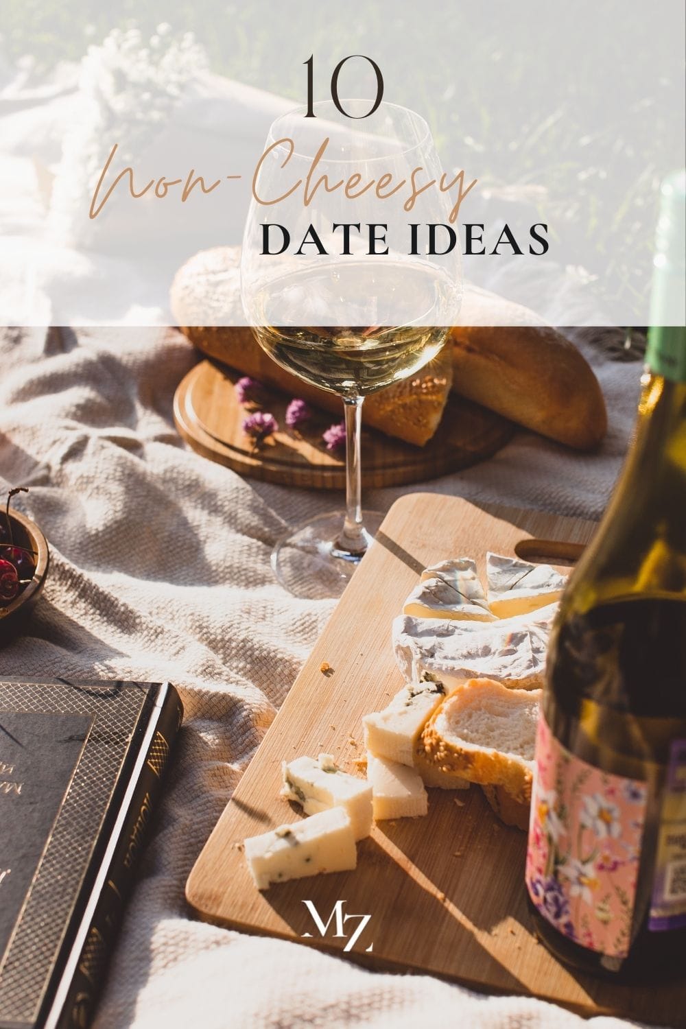Picnic with wine, cheese platter, snacks for Valentine's day date.